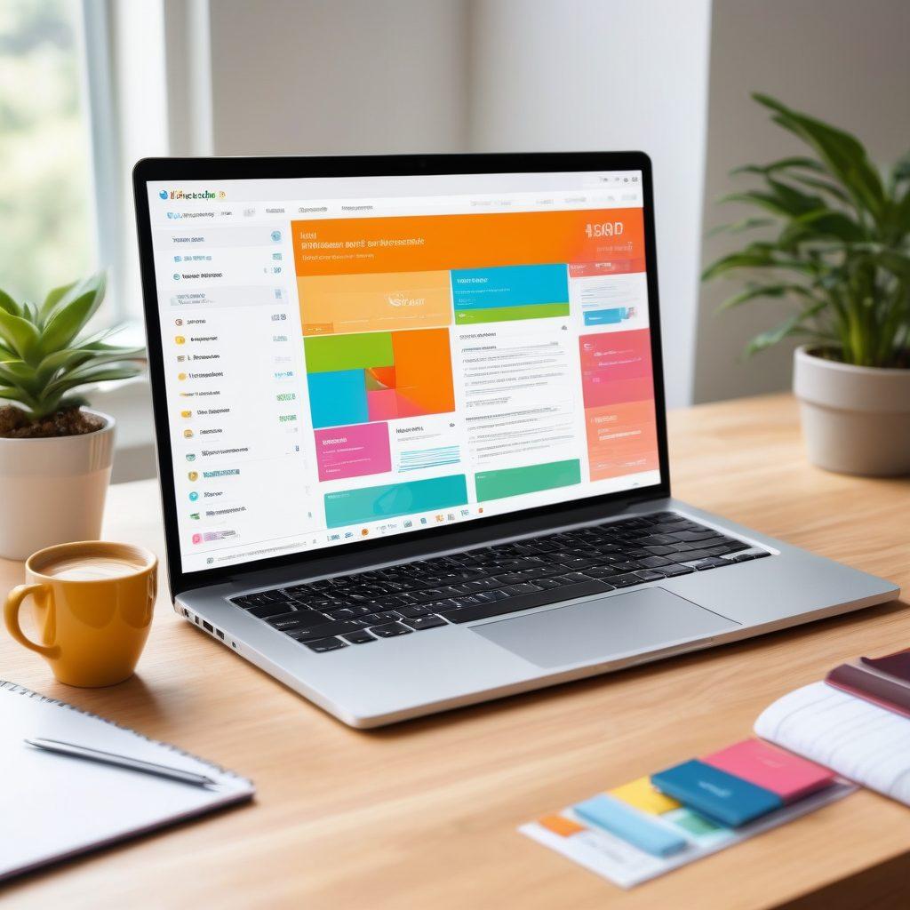 An inspiring workspace with a modern laptop open, displaying an email marketing dashboard on the screen. Include visual elements like graphs, charts, and icons representing outreach tools such as automation, analytics, and engagement. Surround the laptop with colorful stationery and a coffee cup, symbolizing creativity and productivity. The background should be bright and airy, with plants to enhance the vibe of success and inspiration. vibrant colors. modern design. bright background.
