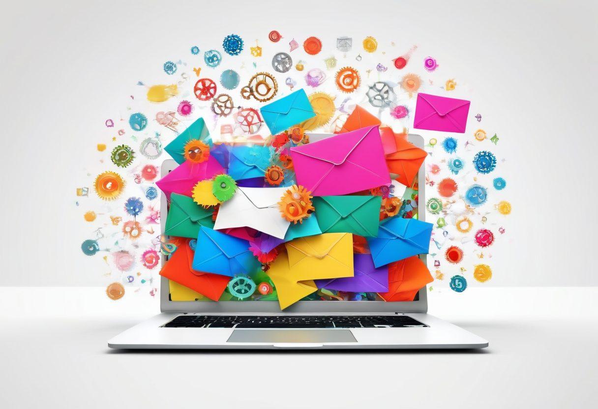 An open laptop surrounded by colorful envelopes bursting with digital energy symbols, depicting the concept of mass mailing and email marketing. Incorporate elements like gears and lightbulbs to symbolize strategies unlocking potential. Use an engaging, dynamic background with abstract shapes representing communication flow. super-realistic. vibrant colors. white background.