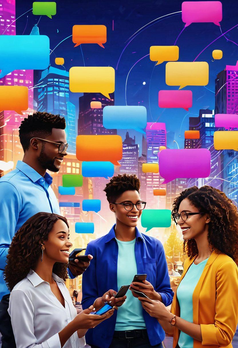 A dynamic, colorful illustration of diverse people engaging with digital devices, showcasing personalized messages popping out from screens. The background features a vibrant cityscape with communication icons like chat bubbles and envelopes floating around. The scene embodies connectivity and customer interaction, emphasizing the power of bulk communication. super-realistic. vibrant colors. 3D.